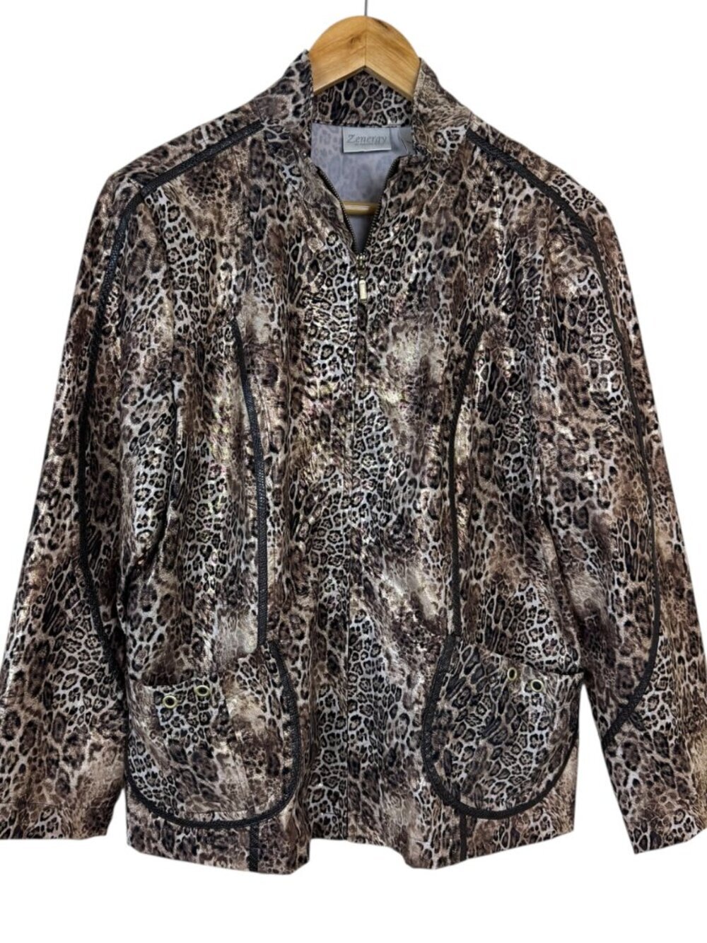 Zenergy Leopard Print Casual Zip Up Jacket Faux Leather Trim Chico's 1 (US M/8)